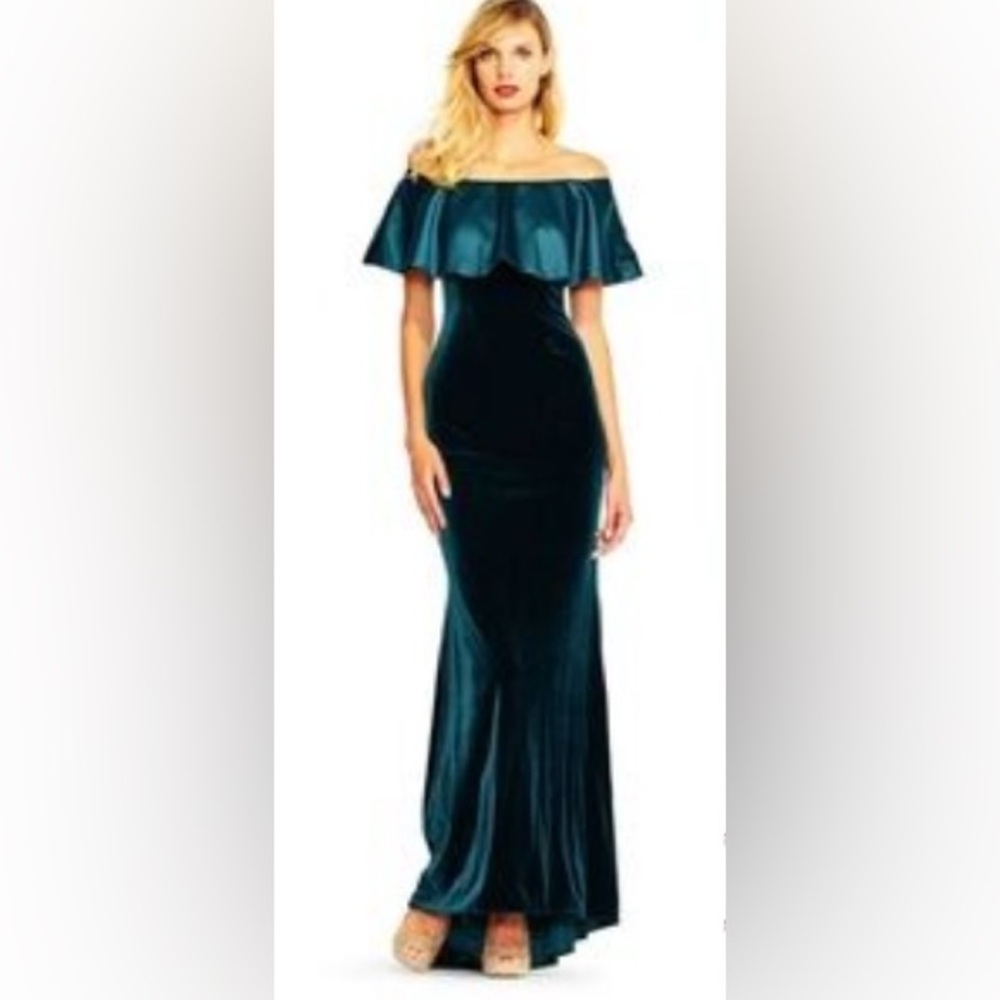 NWT Adrianna Papell Velvet Off The Shoulder Mermaid Emerald Green Maxi G…